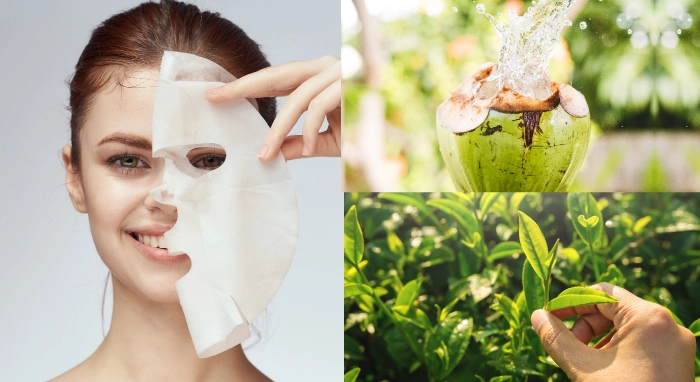 Uma água de coco ao lado de uma mulher retirando uma máscara facial e uma mão retirando folhas de uma planta