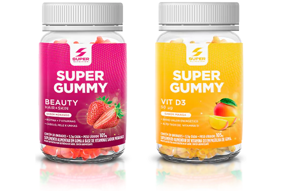 Embalagens dos produtos da linha Super Gummies: Super Hair + Skin Glow e Super Vit D3 Sunshine