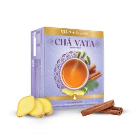 Foto ilustrativa da embalagem do chá vata desinchar ambientada com ingredientes