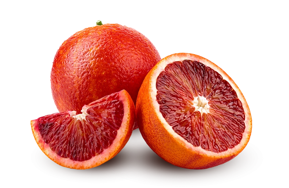 Uma laranja inteira e uma laranja cortada.